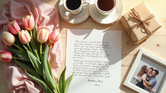 Elegantný flat-lay darček na Materinský deň — list, tulipány, vinyl, kávy